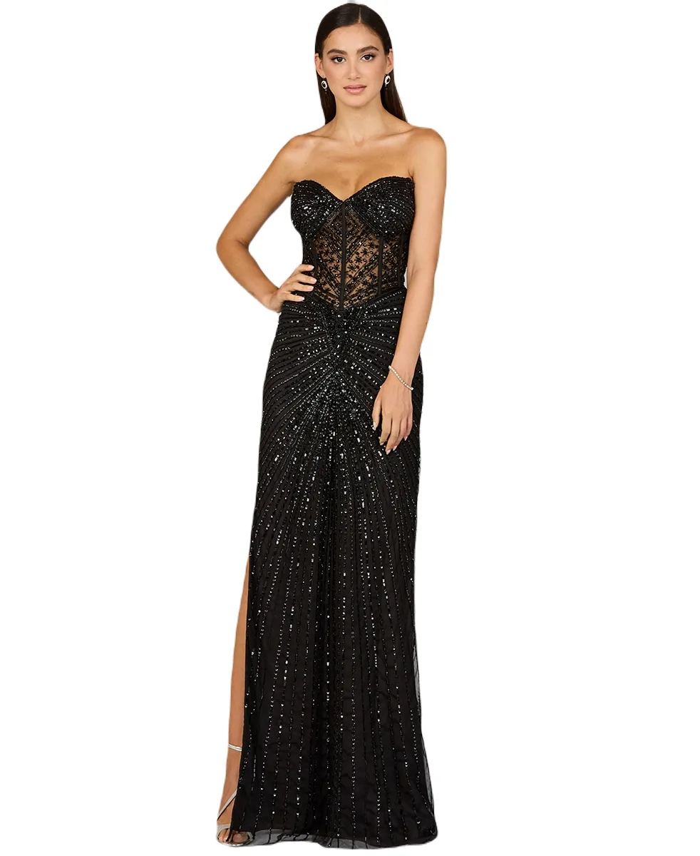Embellished Strapless Gown with Slit