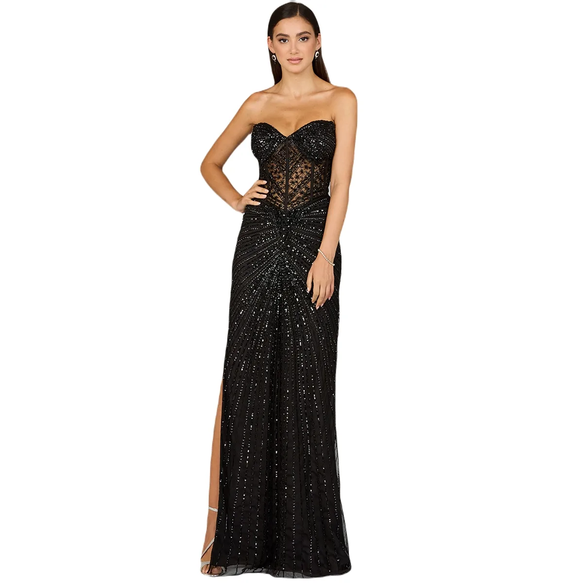 Embellished Strapless Gown with Slit
