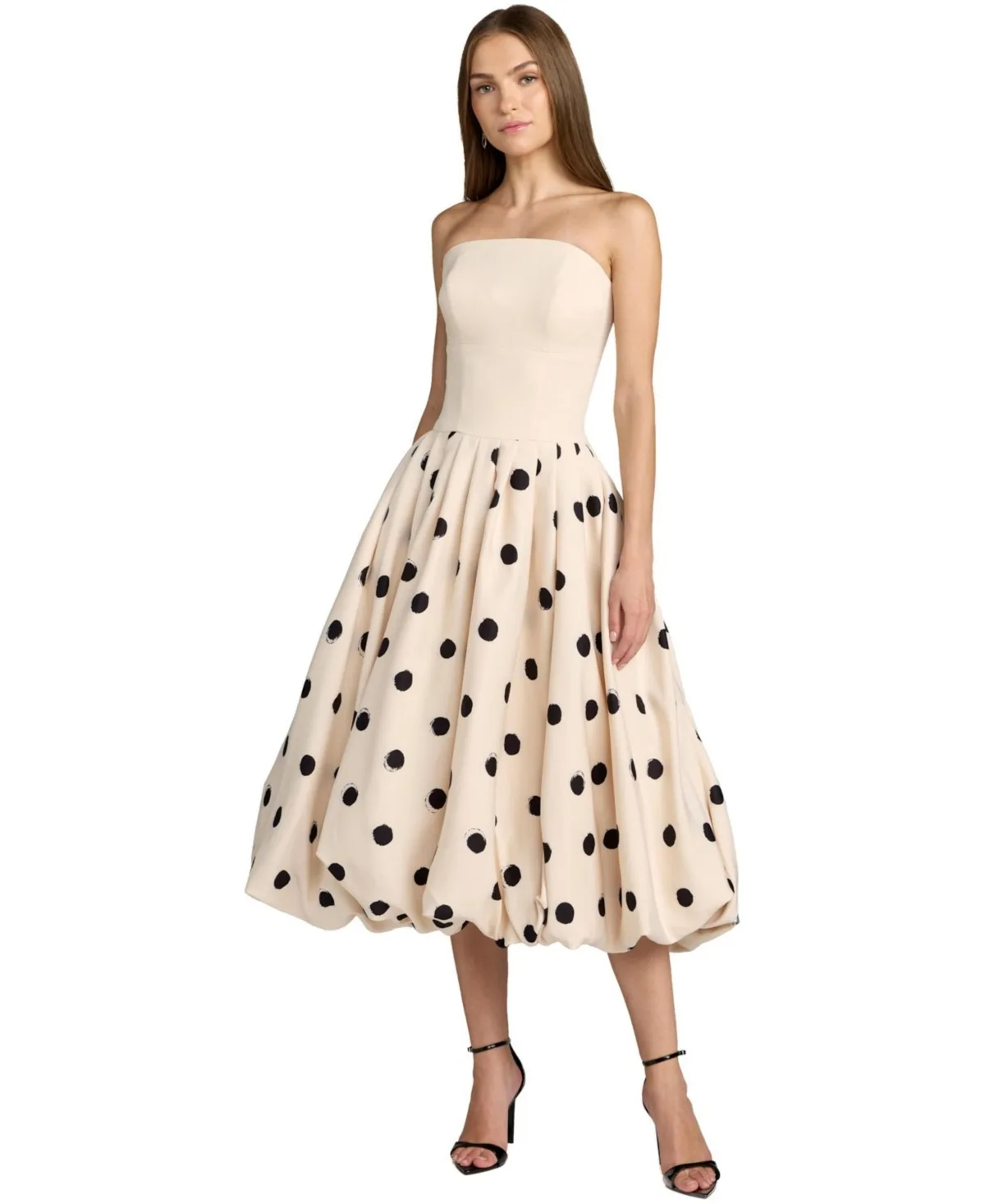 Strapless Polka Dot Crepe Bubble Skirt Midi Dress by Mac Duggal