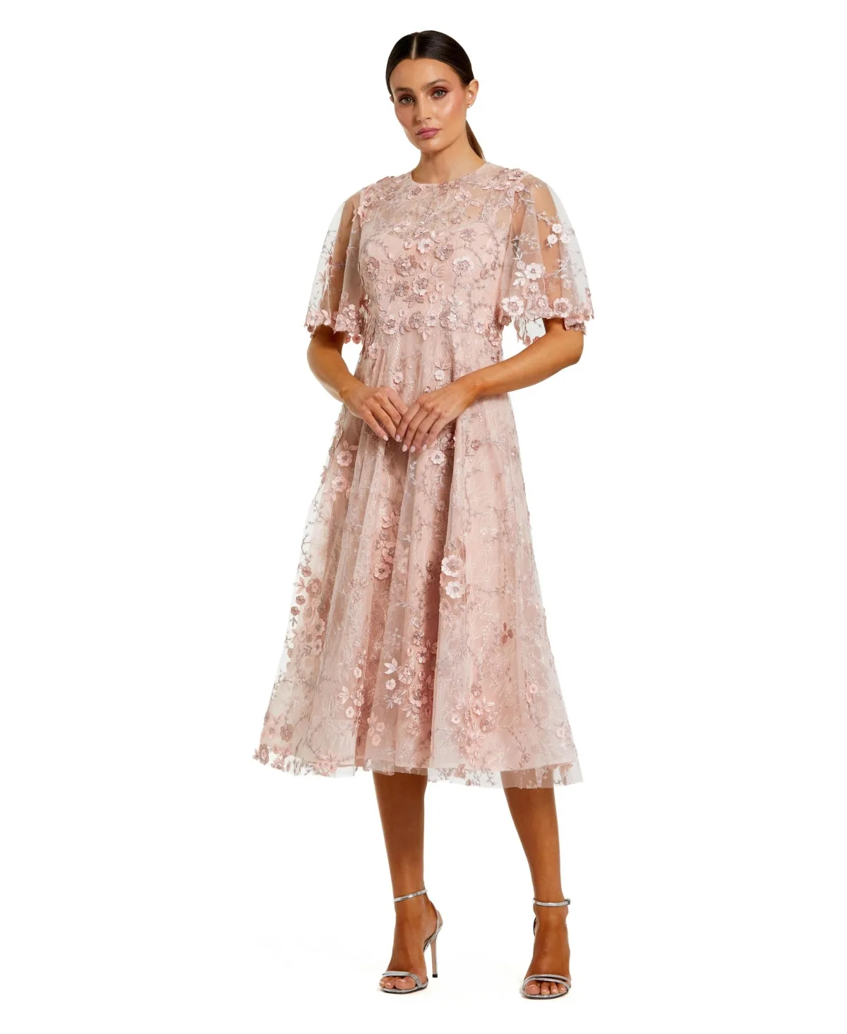 Flutter Sleeve Embroidered Midi Dress