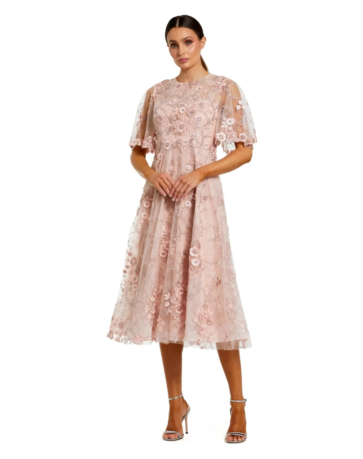 Flutter Sleeve Embroidered Midi Dress by Mac Duggal