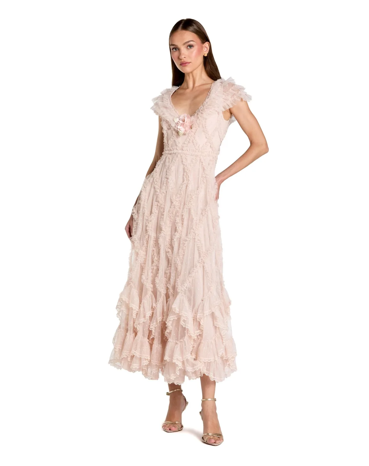 Micro Ruffle Cap Sleeve A-Line Midi Dress by Mac Duggal