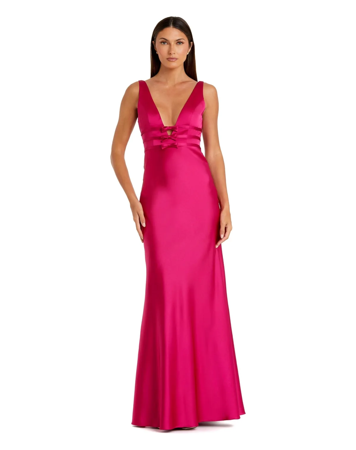 Sleeveless V Neck Satin Gown with Bow Details by Mac Duggal