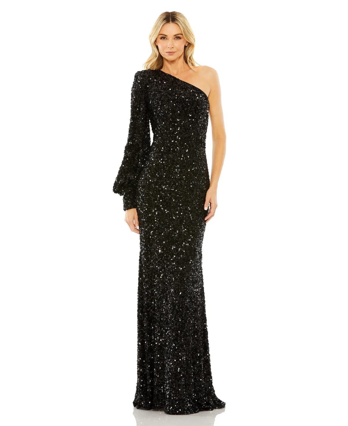 Sequined One Shoulder Bishop Sleeve Trumpet Gown