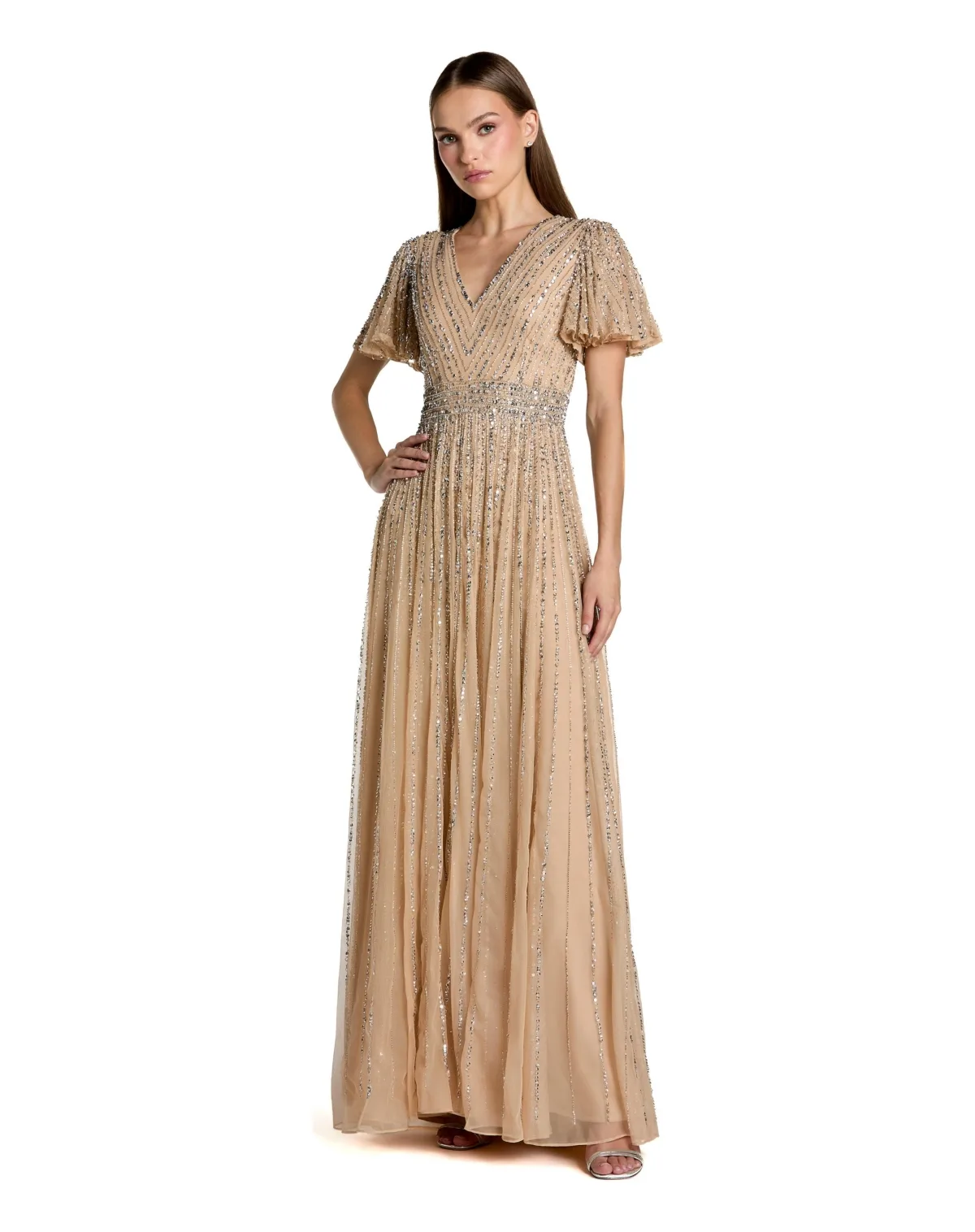 Hand Embellished V-Neck Flutter Sleeve Gown by Mac Duggal