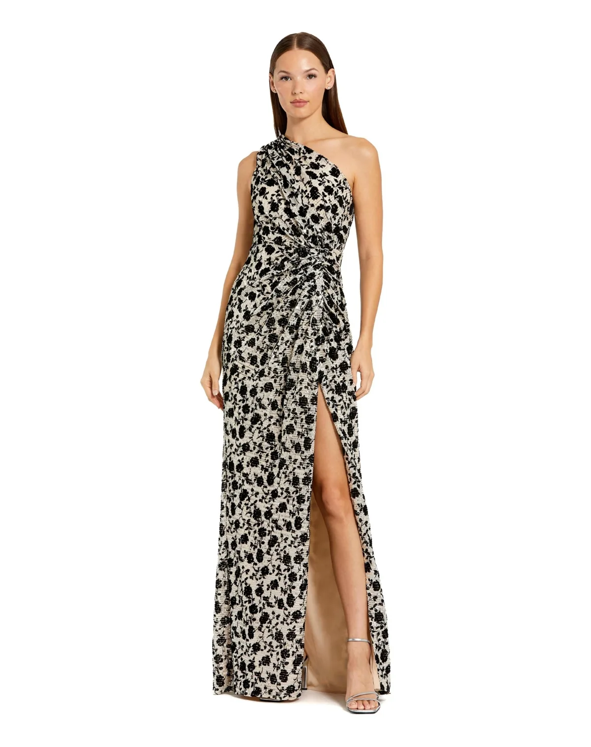 One Shoulder Sequin with Floral Velvet Detail Gown by Mac Duggal