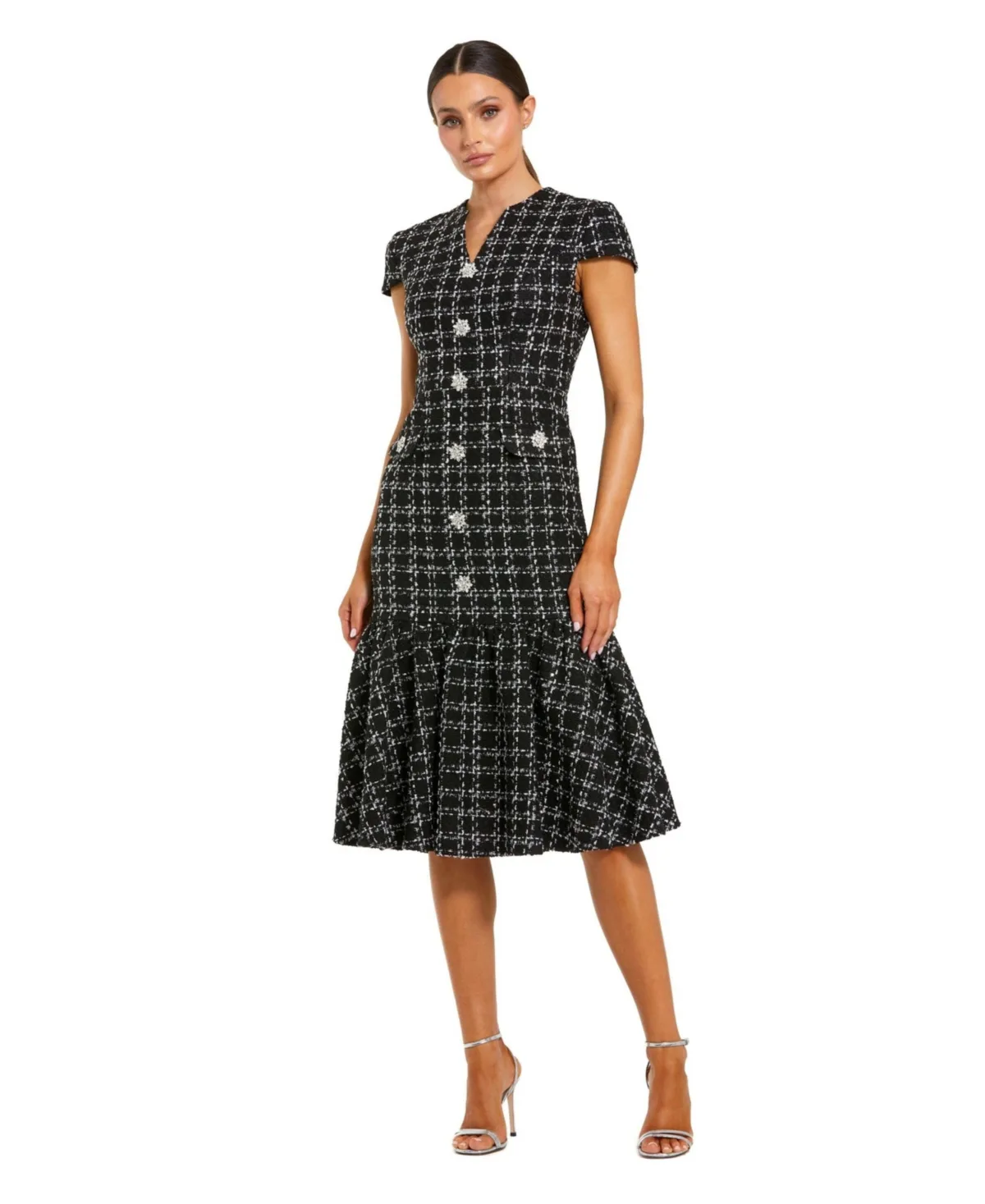 Button Up Cap Sleeve Boucle a Line Midi Dress