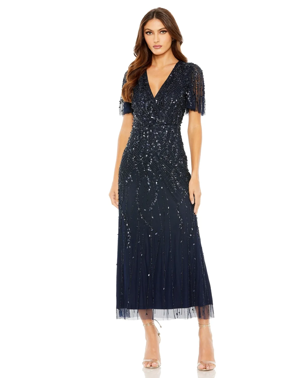 Beaded Wrap Over Butterfly Sleeve Column Dress by Mac Duggal