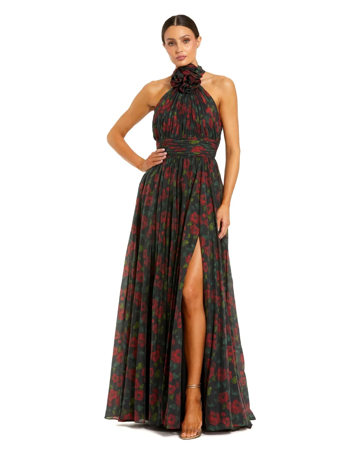 Floral Chiffon 3D Flower Halter Neck Gown by Mac Duggal