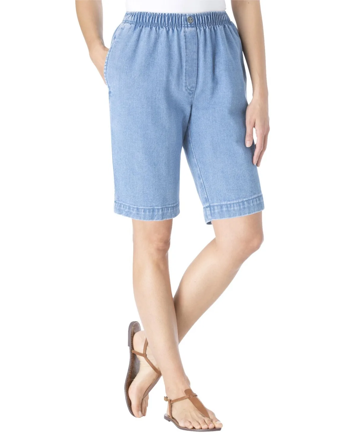Within 7-Day Elastic-Waist Pull-On Cotton Denim Shorts by Woman Within