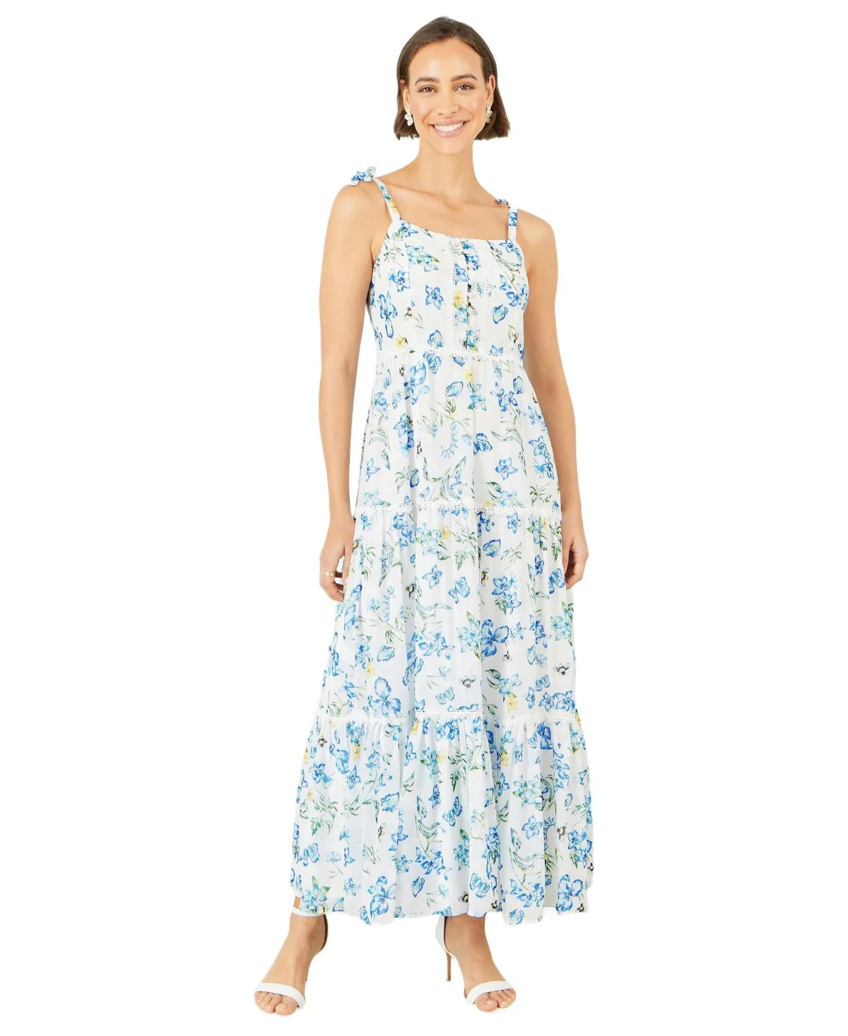 Butterfly Print Lace Trim Maxi Dress