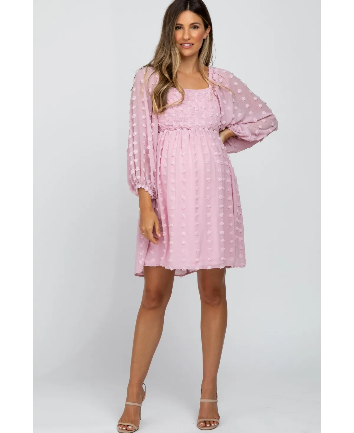 Textured Dot Smocked Square Neck Chiffon Dress by Pinkblush
