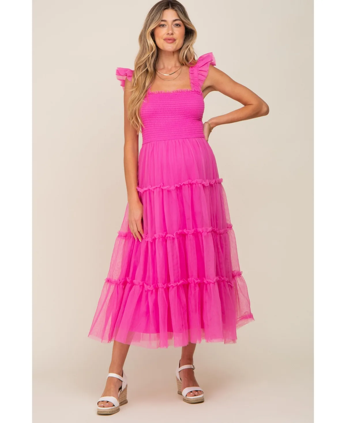 Smocked Mesh Ruffle Accent Midi Dress by Pinkblush