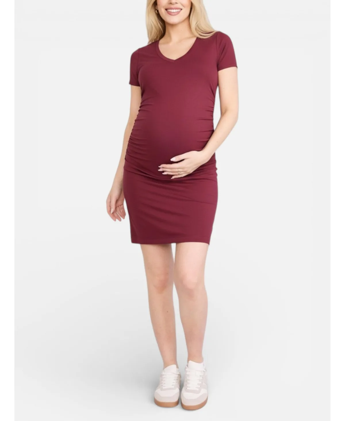 V-Neck Short Sleeve Side Ruched Bodycon Mini Dress by Motherhood Maternity