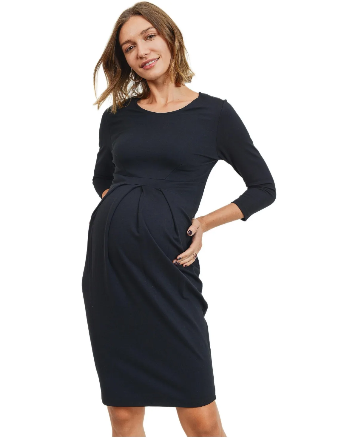 3/4 Sleeve Round Neck Front Pleat Dress by Hello Miz