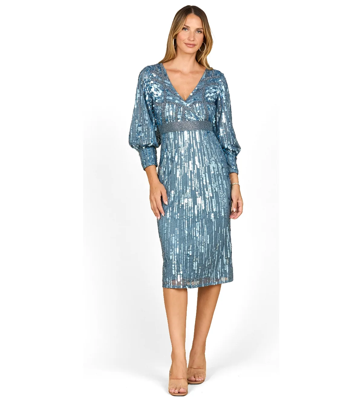 Beaded A-Line Midi Dress with Long Sleeves by Lara