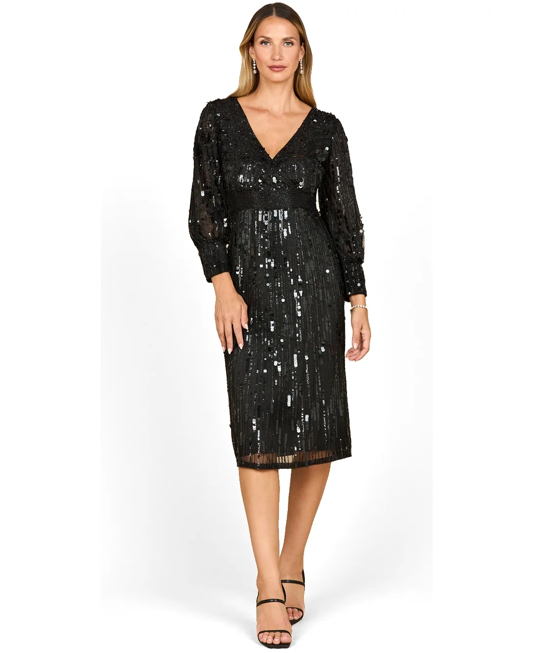 Beaded A-Line Midi Dress with Long Sleeves
