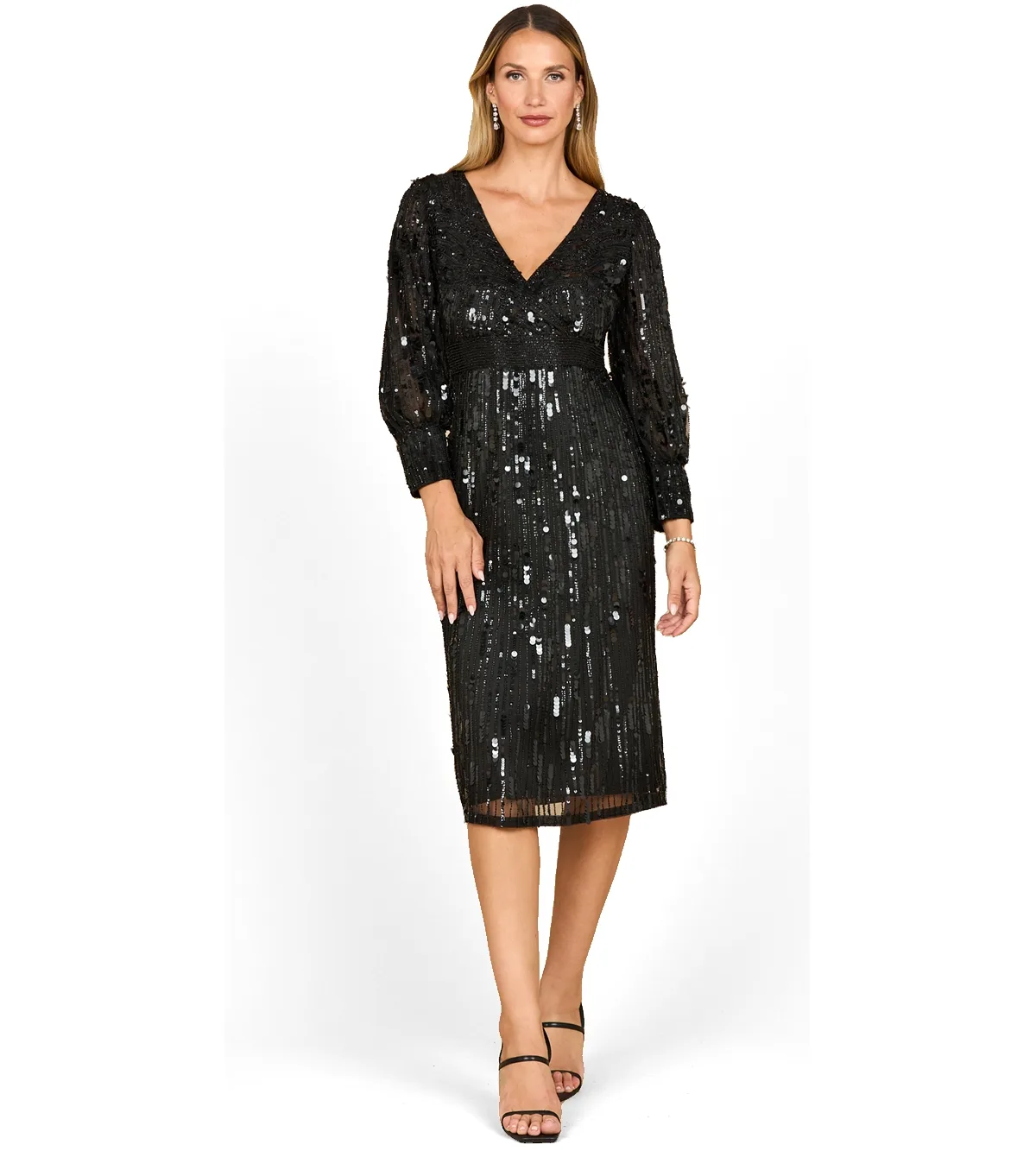 Beaded A-Line Midi Dress with Long Sleeves