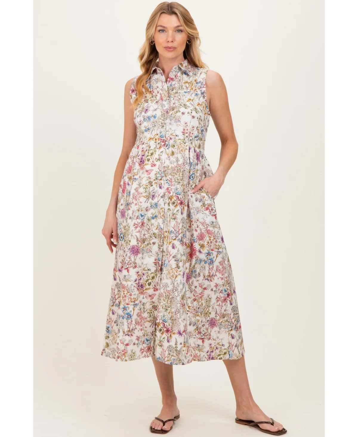 Multicolor Garden Print Sleeveless Shirt Dress by Pinkblush