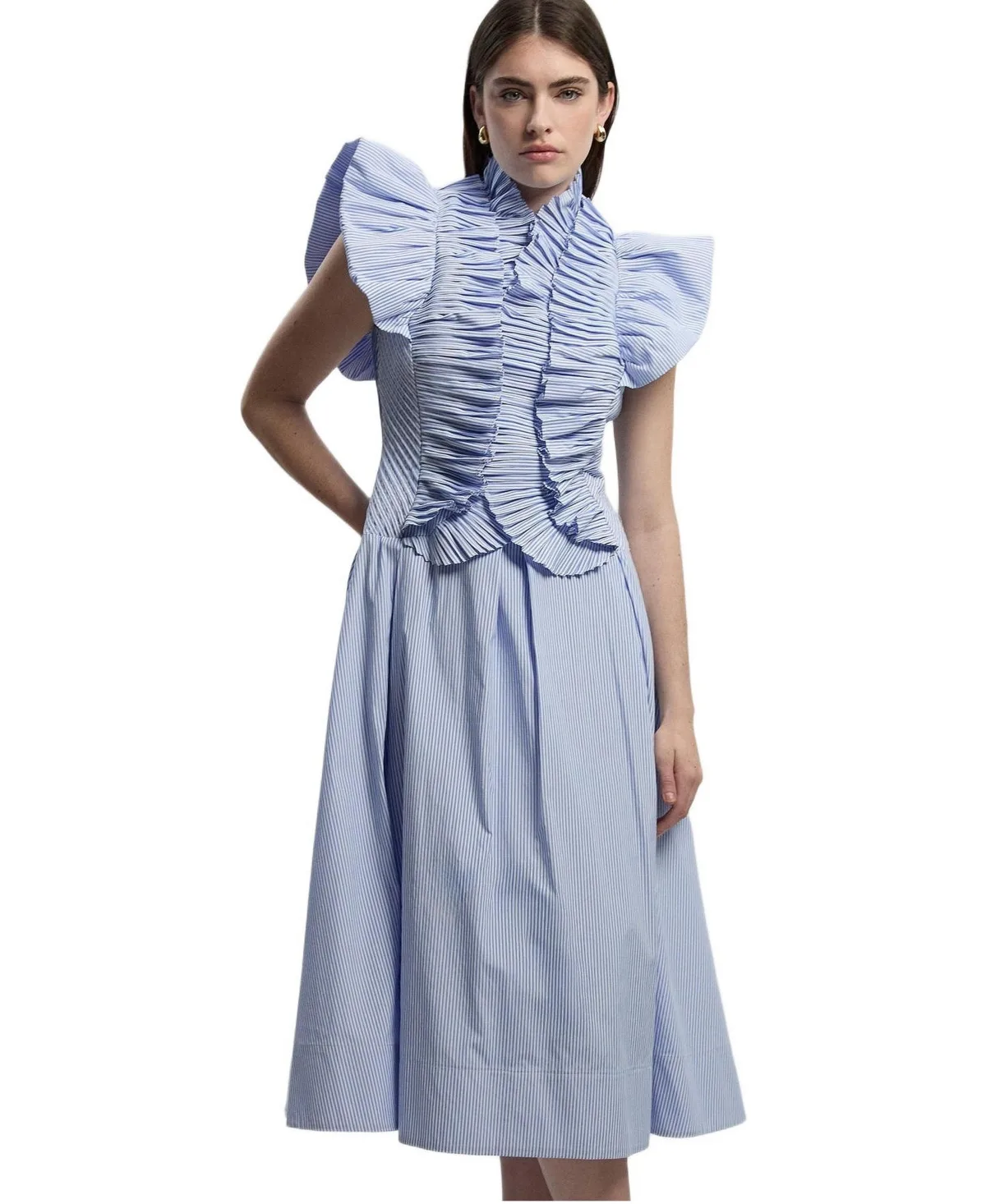 High Neck Pleated Ruffle Midi Dress by Karen Millen