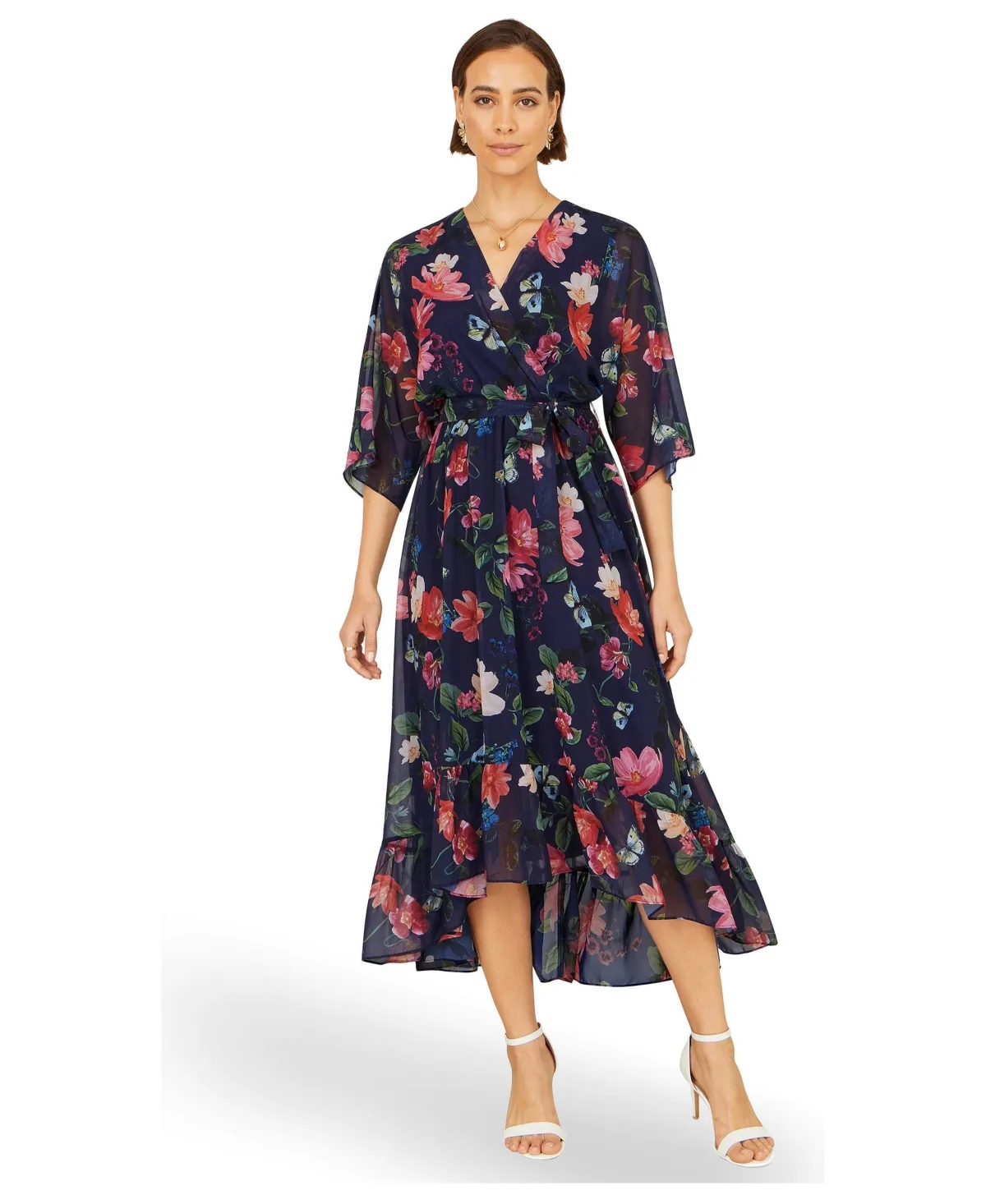 Floral Dip Hem Kimono Wrap Dress by Yumi