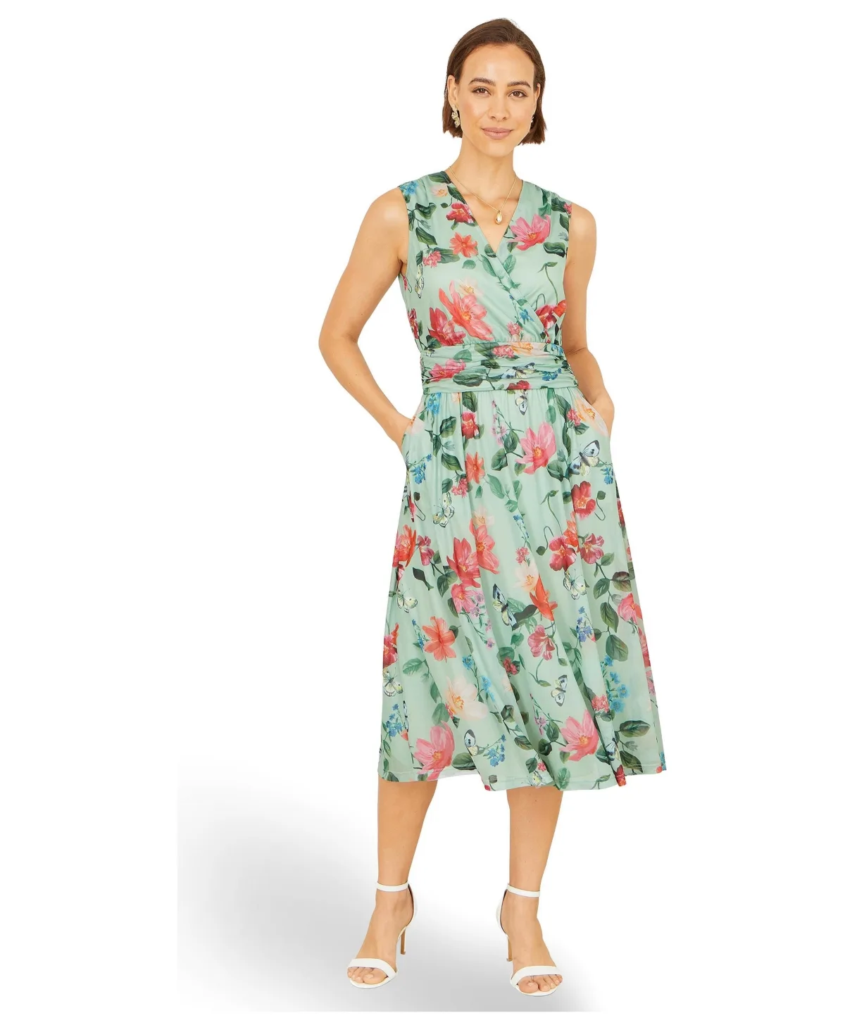 Floral Print Mesh Stretch Midi Dress