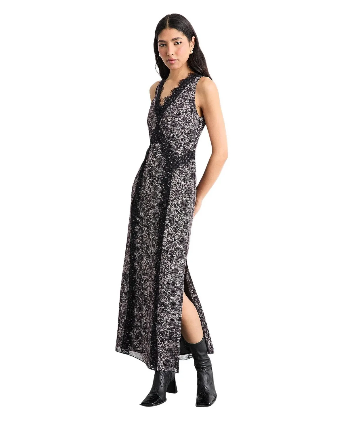 Chiffon Printed Lace Trim Dress by Warehouse