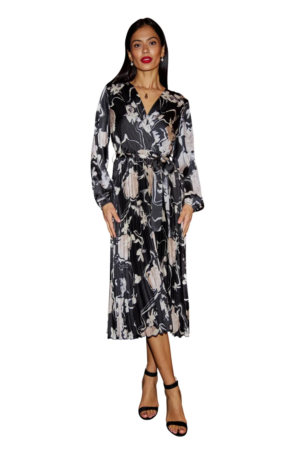 Floral Satin Long Sleeve Midi Dress by Yumi