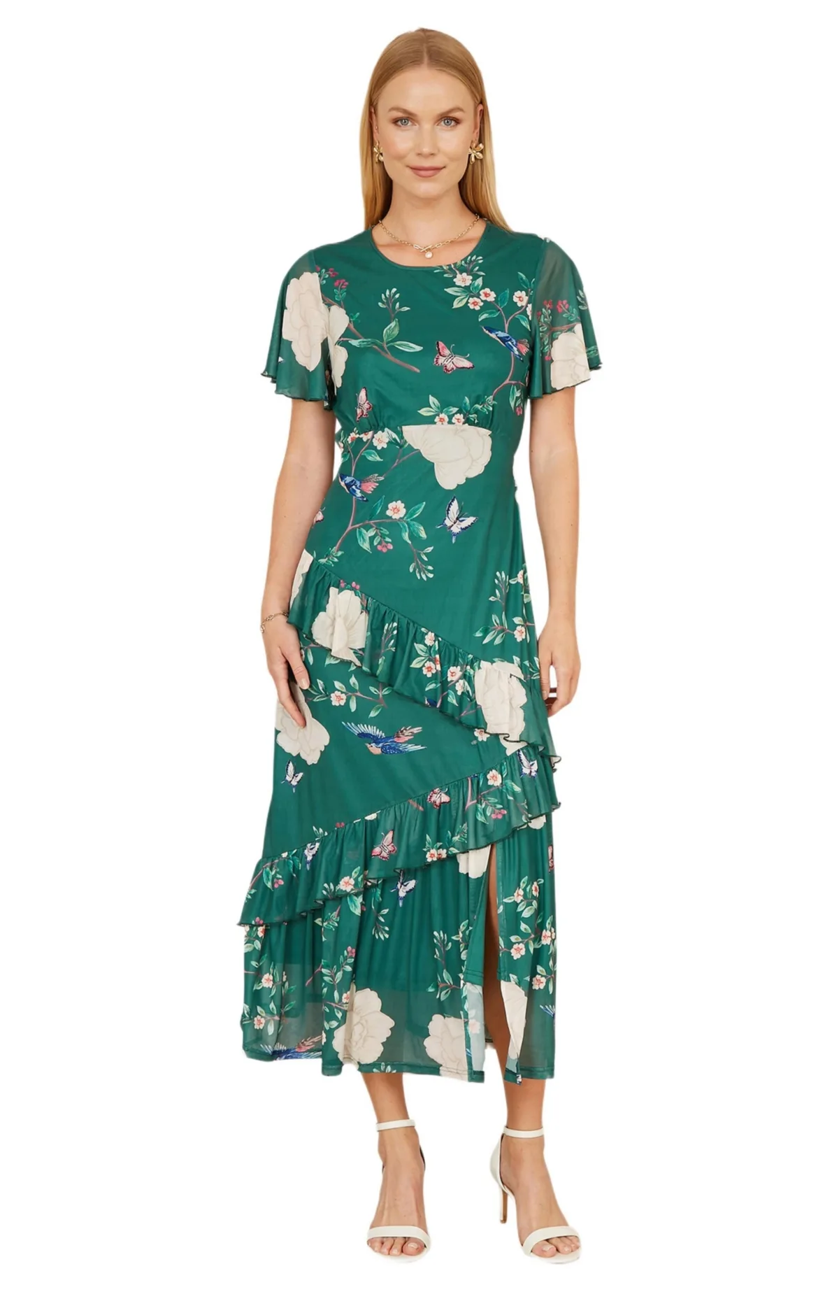 Mesh Bird and Floral Print Midi Dress by Yumi