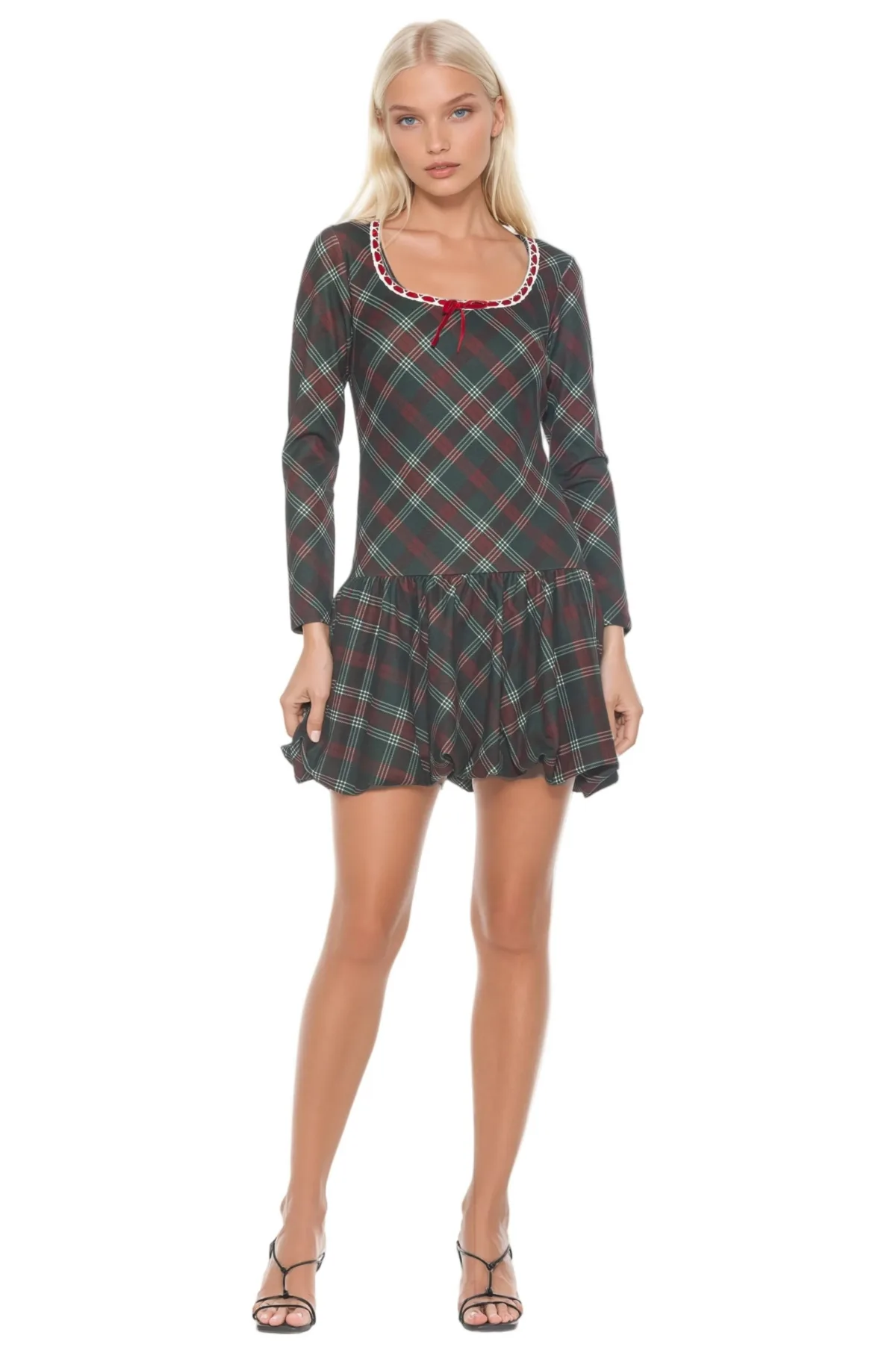 Rach Plaid Scoop Neck Lace Insert Detail with Bow Dress by Alexia Admor