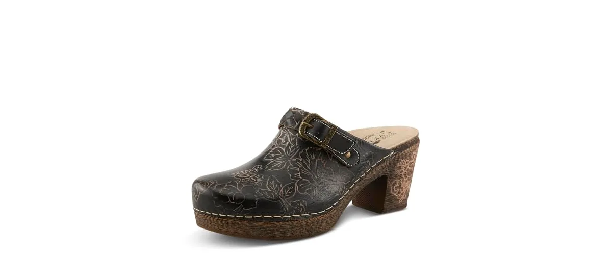 Calliroe Open-Back Clogs Hand-Painted Leather Slip-On with Floral Details by L'artiste
