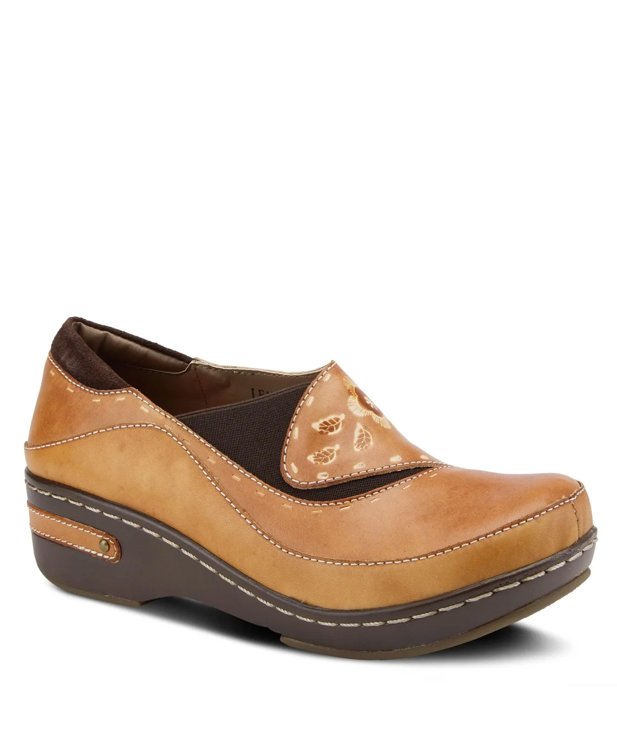 Burbank Hand-Painted Leather Clogs with Floral Embossing and Elastic Insets by L'artiste
