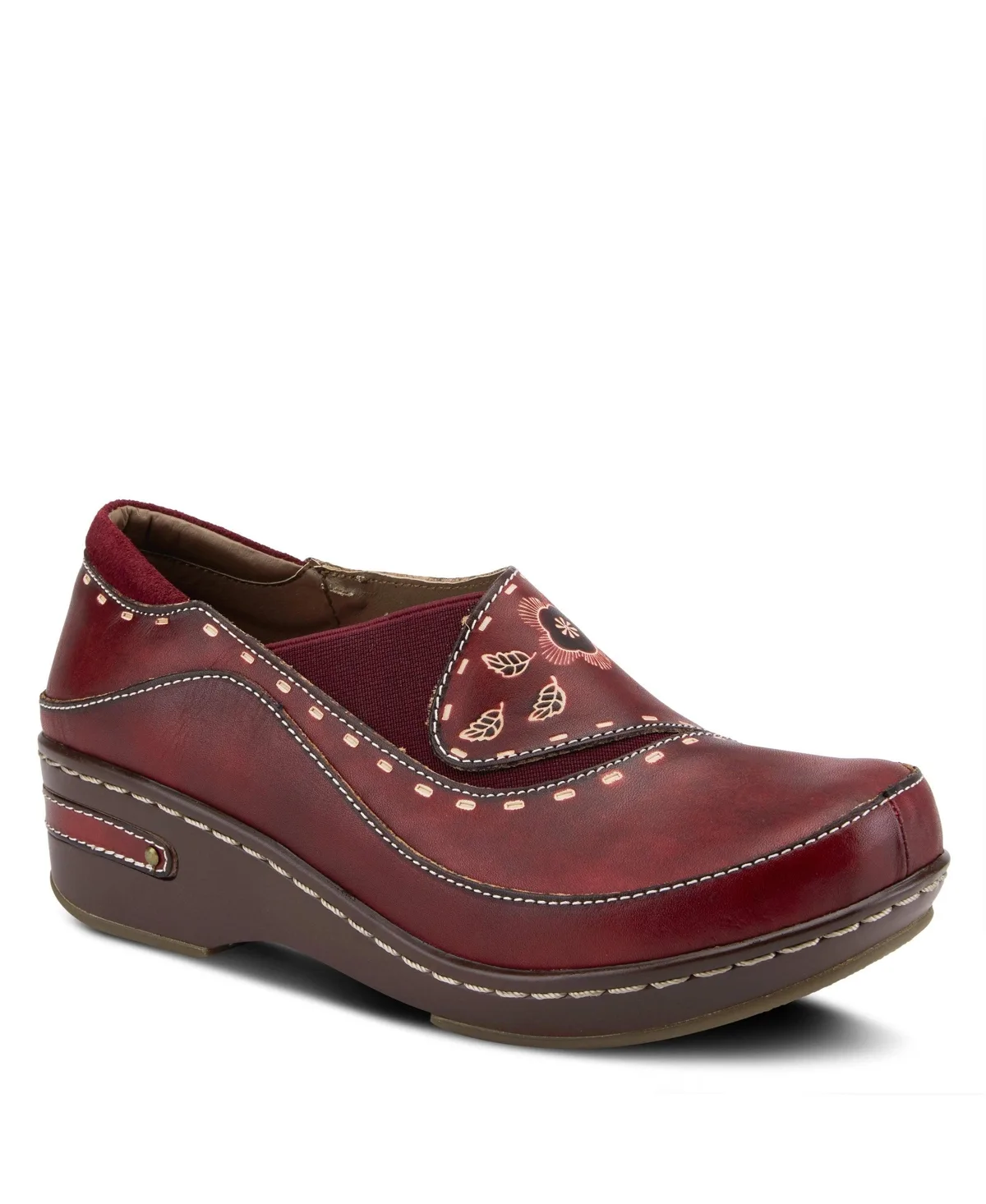Burbank Hand-Painted Leather Clogs with Floral Embossing and Elastic Insets