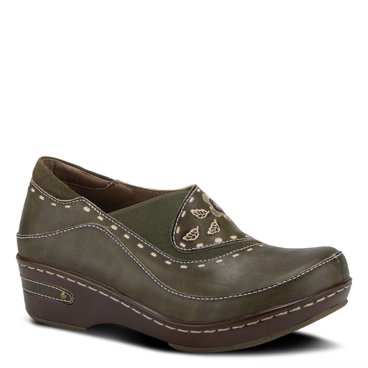 Burbank Hand-Painted Leather Clogs with Floral Embossing and Elastic Insets