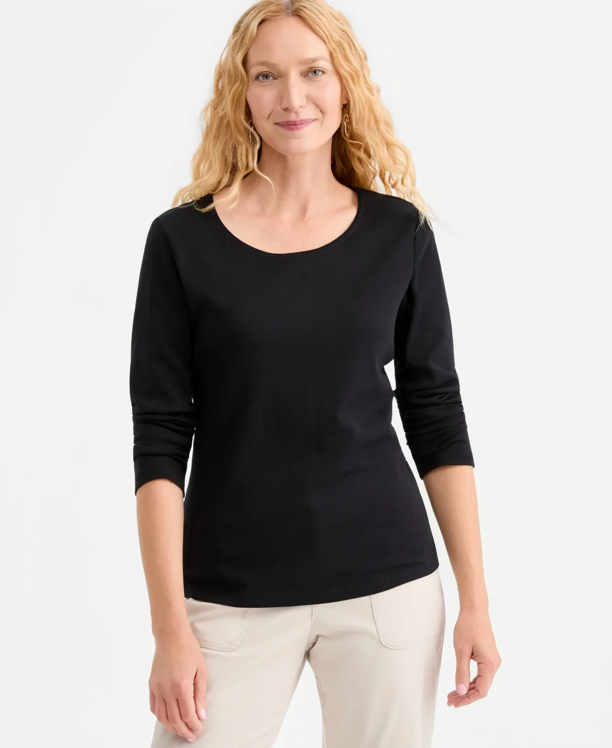 Cotton Long-Sleeve Scoop-Neck Top