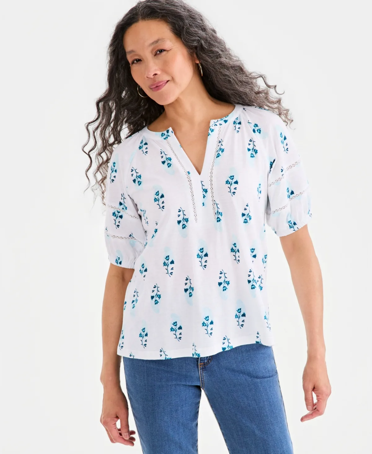 Printed Elbow-Sleeve Knit Top