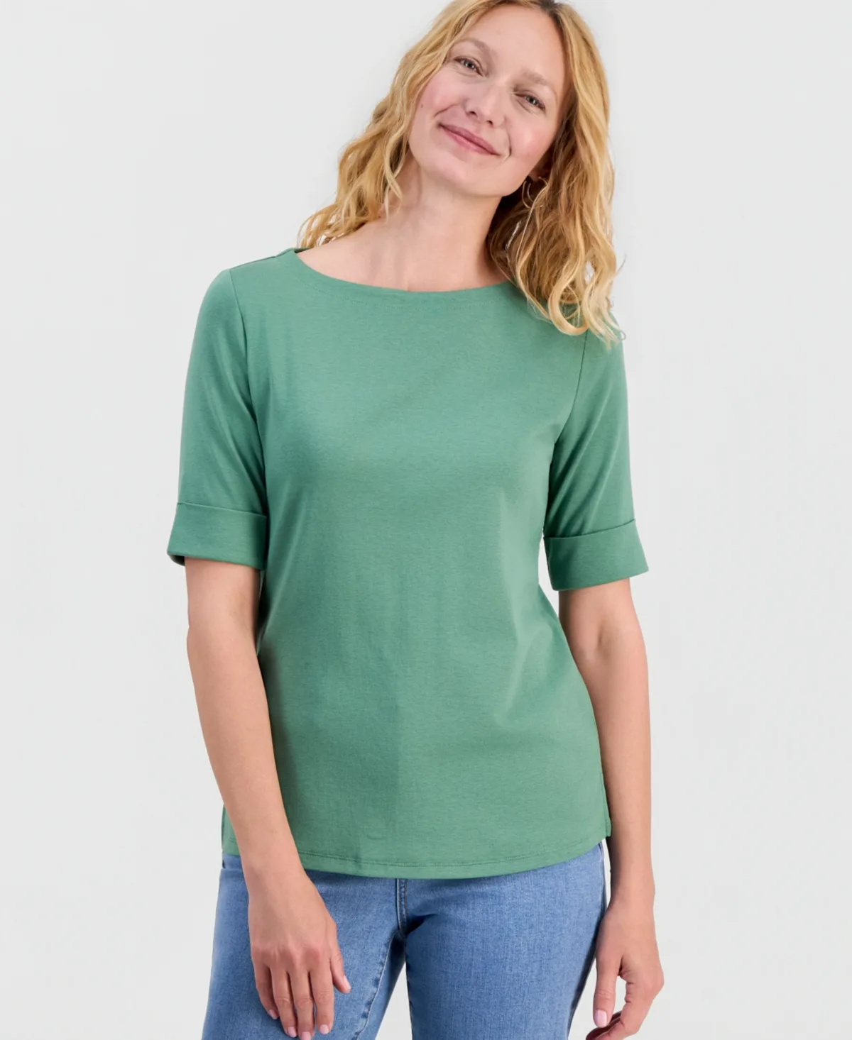 Boat-Neck Elbow Sleeve Cotton Top by Style & Co