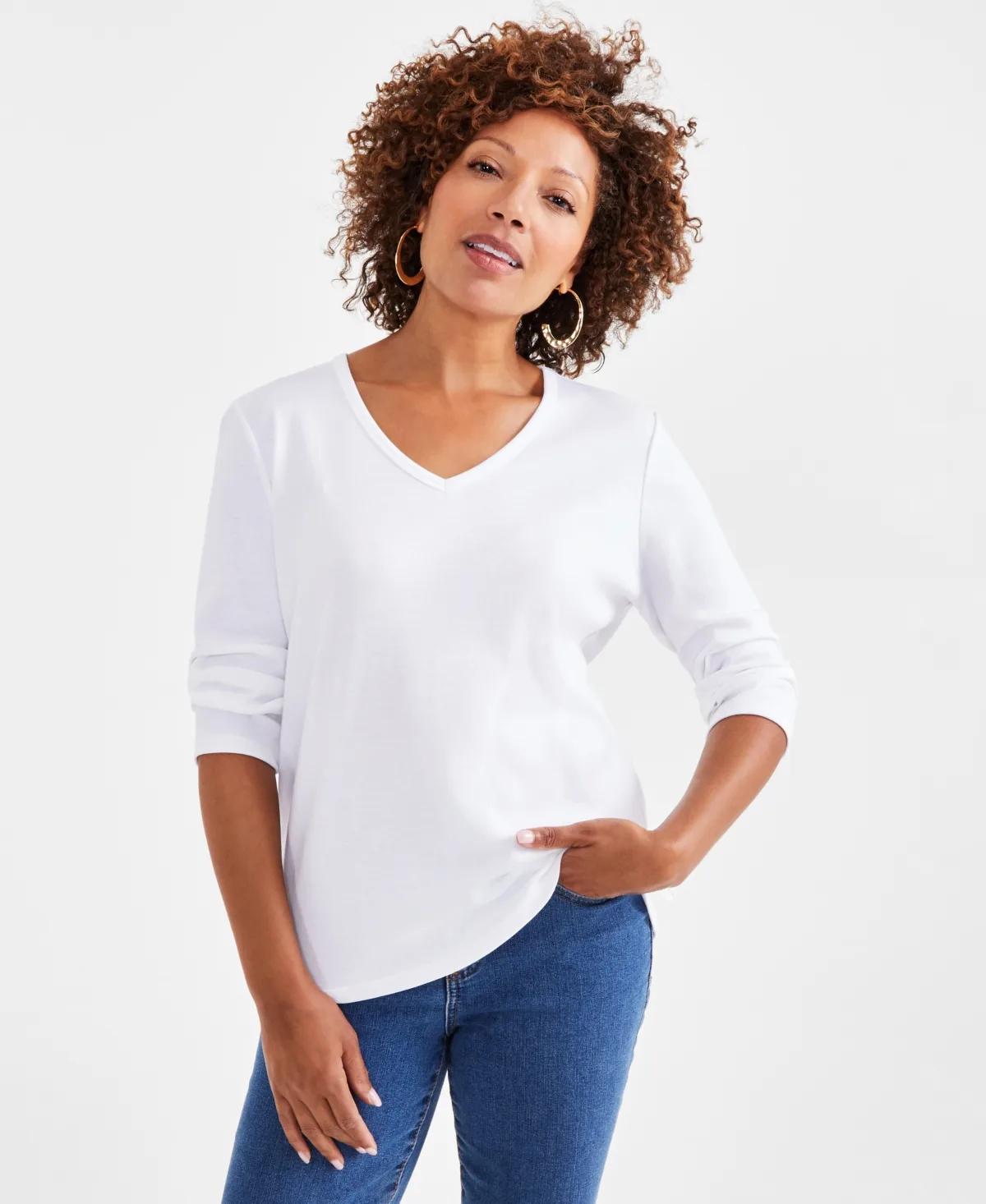 Cotton 3/4-Sleeve V-Neck Tee by Style & Co
