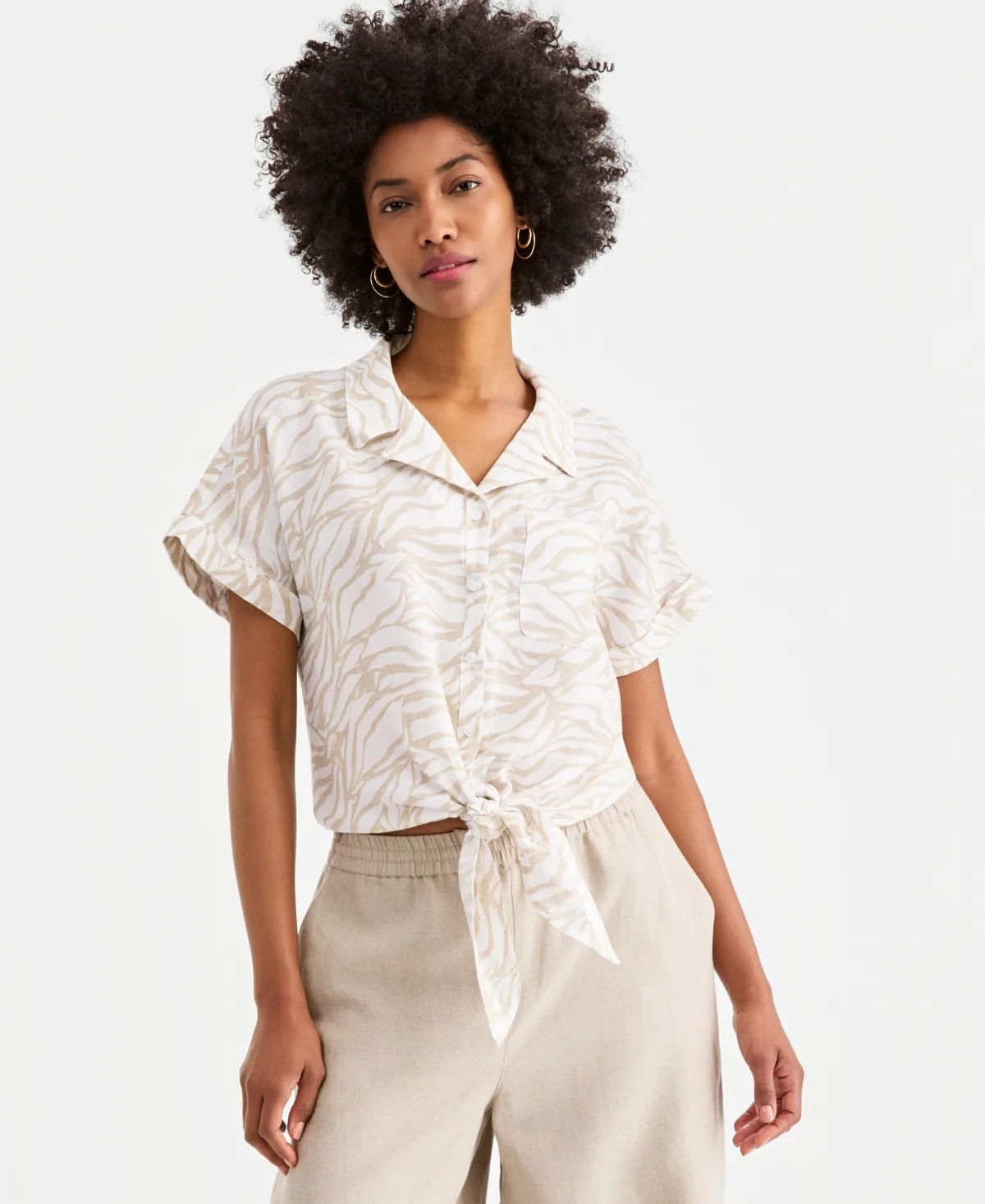 100% Linen Tie-Front Shirt by Charter Club