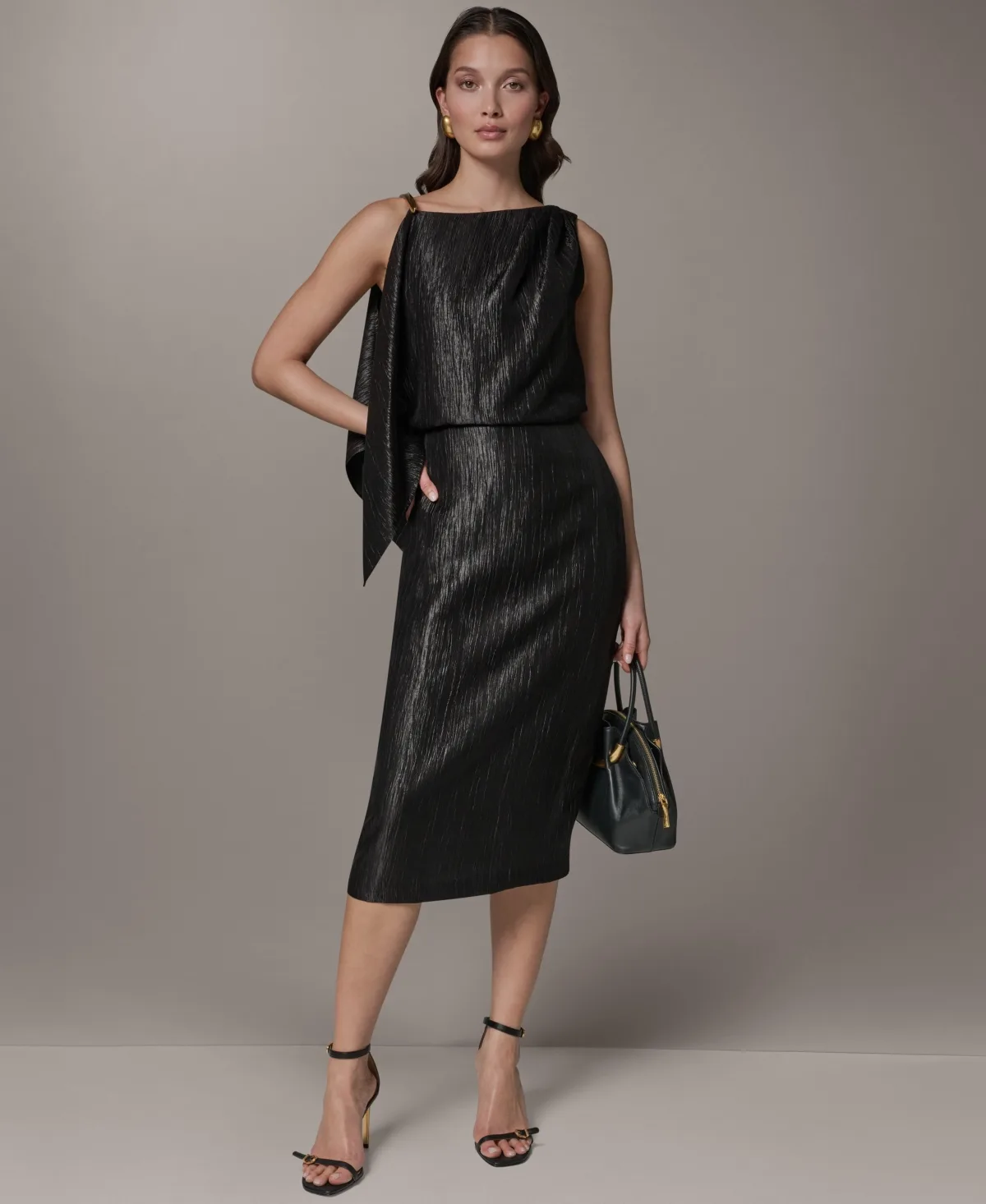 Crinkle Satin Square Neck Midi Sheath Dress by Donna Karan New York