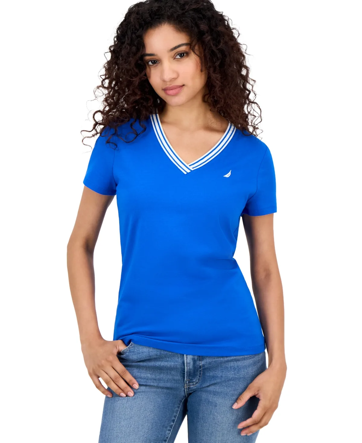 Jeans Solid Stripe-Trim V-Neck by Nautica