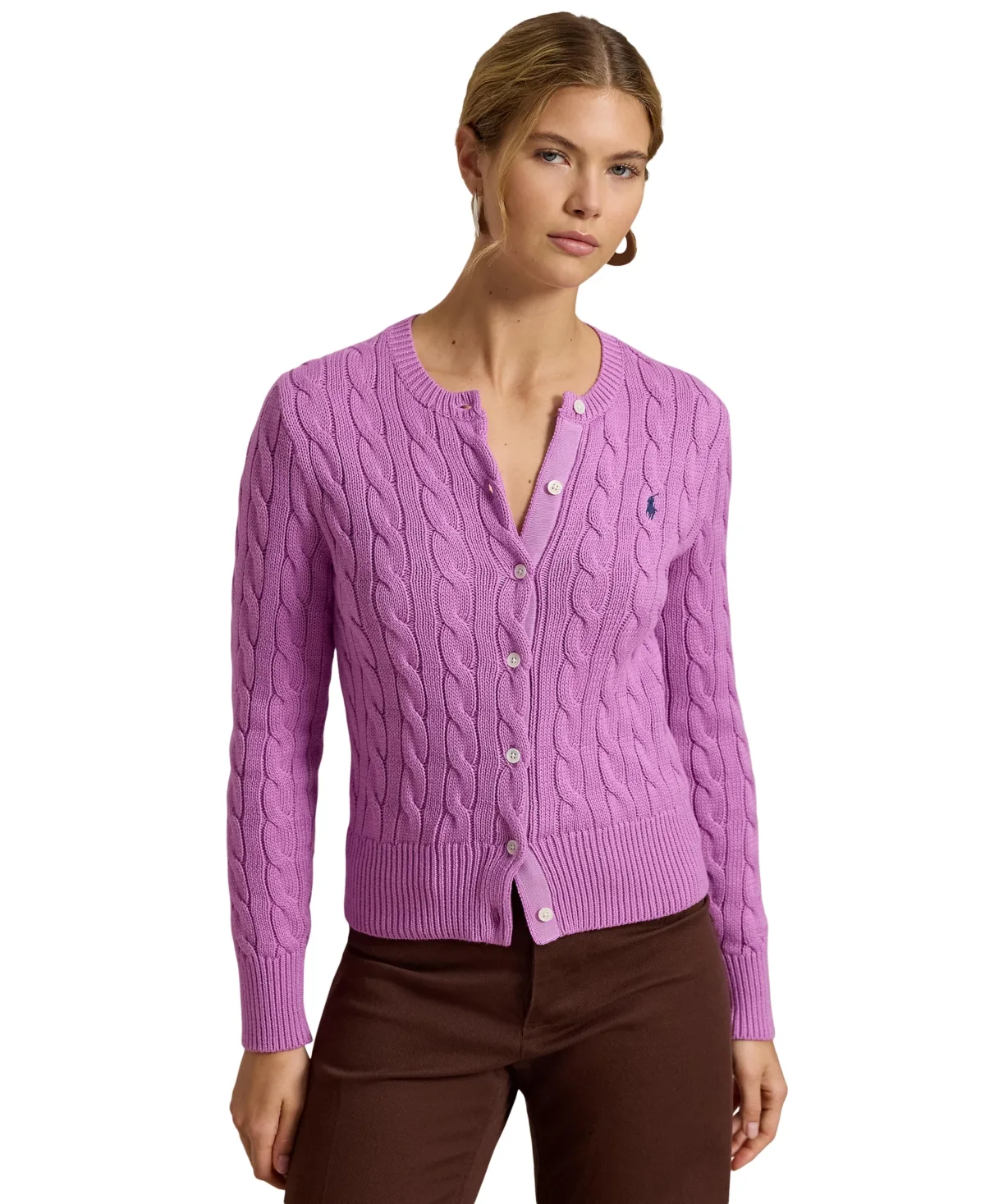 Cable-Knit Cotton Crewneck Cardigan Sweater