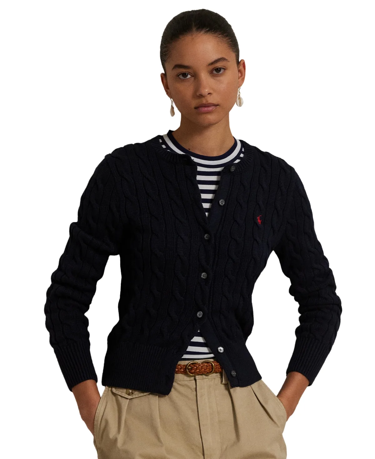Cable-Knit Cotton Crewneck Cardigan Sweater