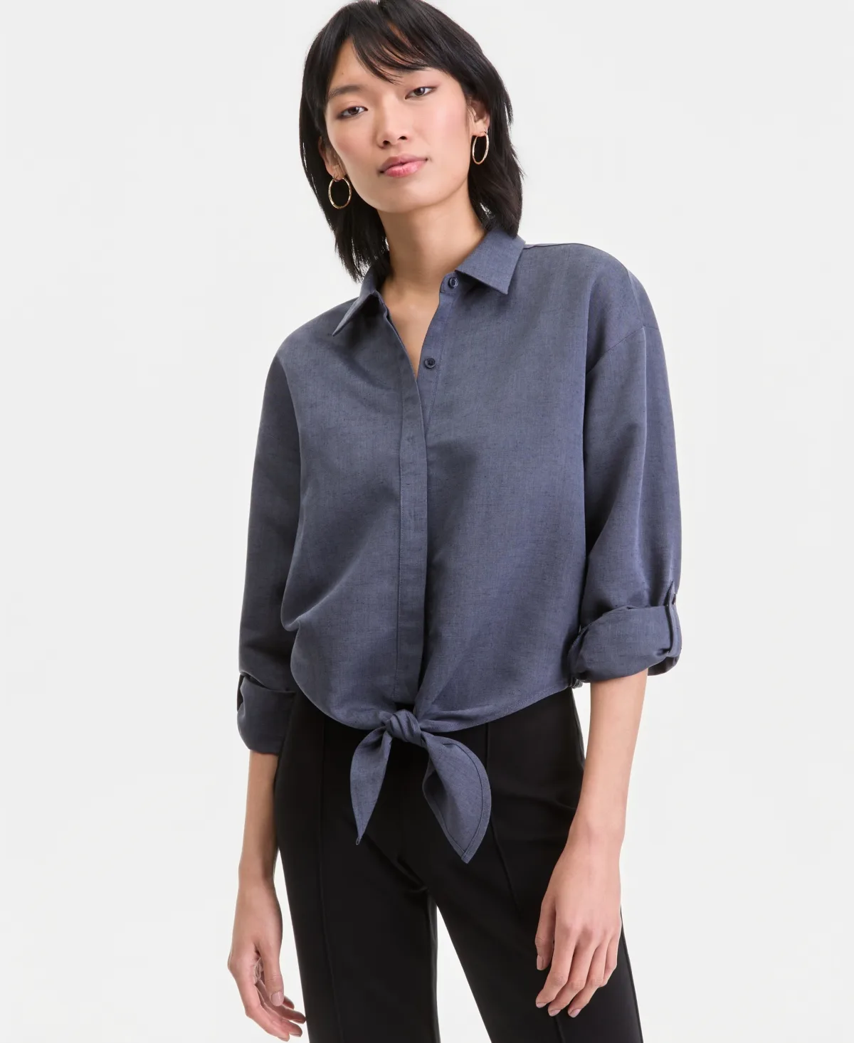 Linen-Blend Button-Front Tie-Hem Shirt by I.n.c. International Concepts