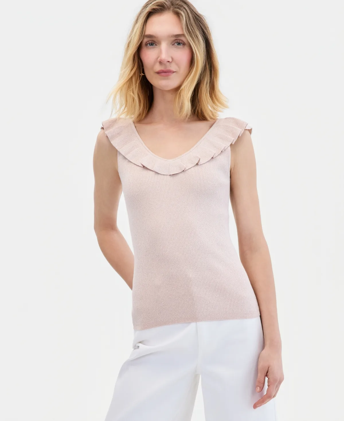 Ruffle-Trim Metallic Sweater Tank
