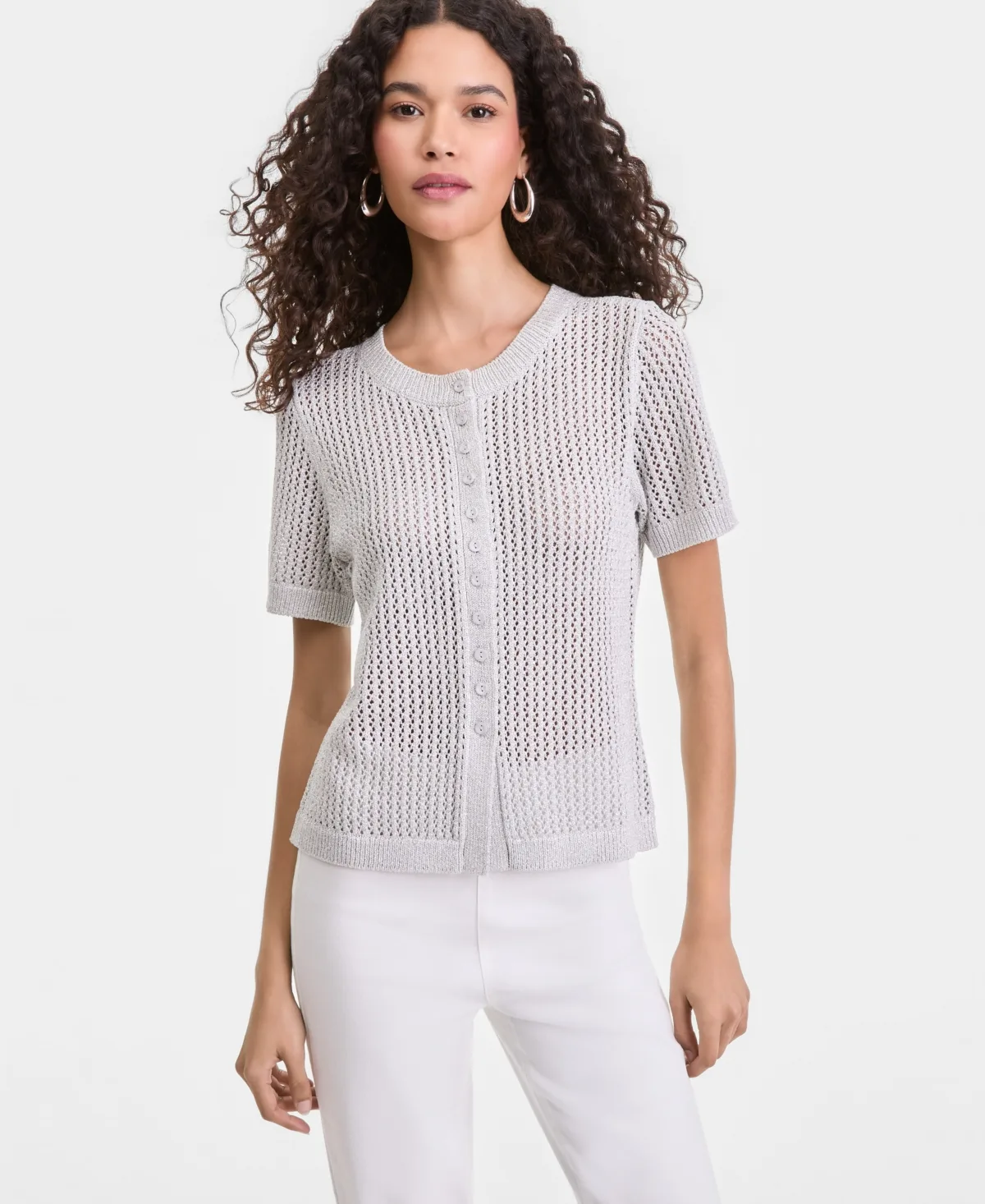 Short-Sleeve Metallic Crochet Cardigan by I.n.c. International Concepts