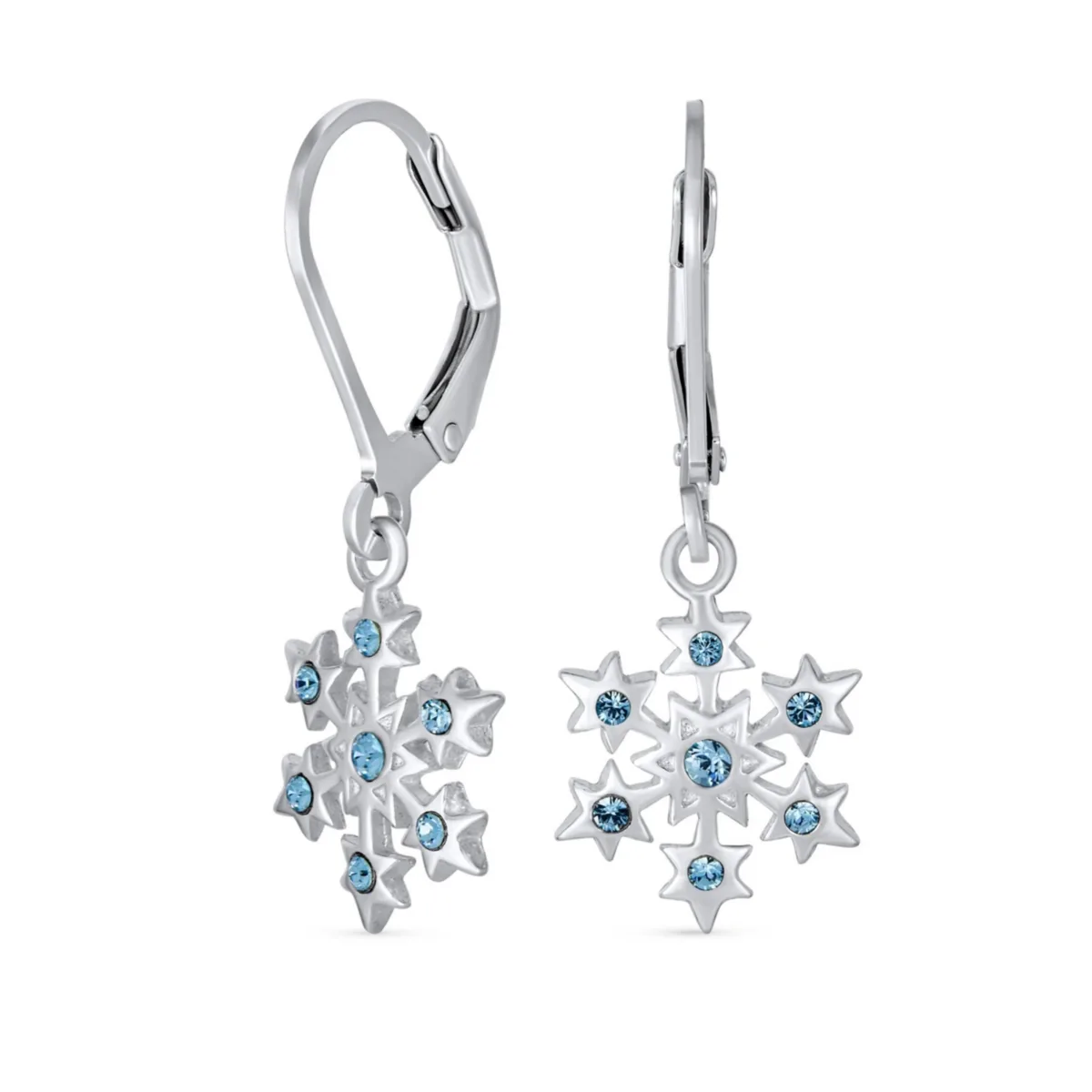 Holiday Party Christmas Snowflake Star Drop Lever Back Earrings Simulated Ice Blue Topaz.925 Sterling Silver