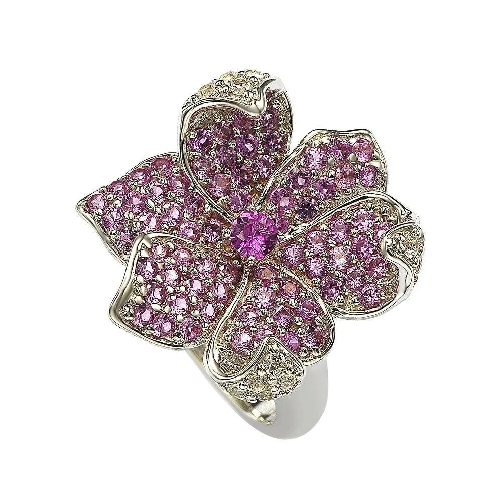 Sterling Silver Sapphire & Created White Sapphire Flower Petal Ring