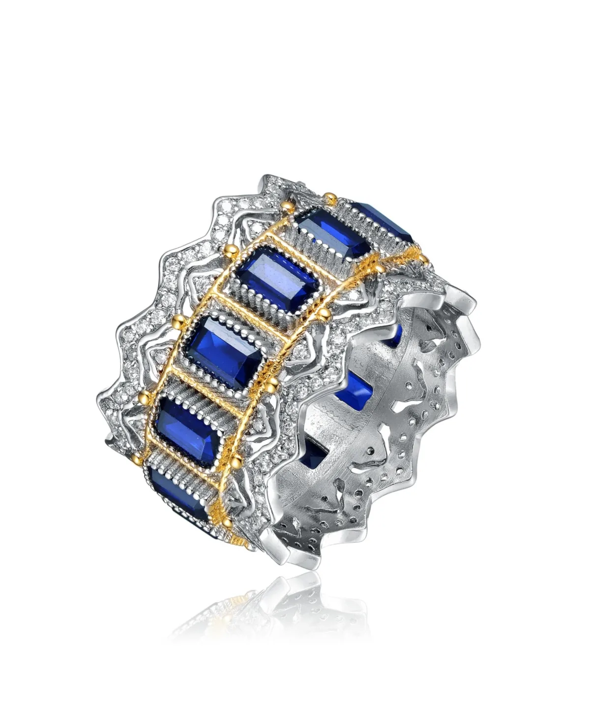 Two-Tone White Gold Plated and 14K Gold Plated with Colored Cubic Zirconia Band Ring