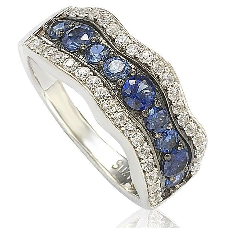 Sterling Silver Sapphire & Created White Sapphire 9 Stone Curvy Frame Ring